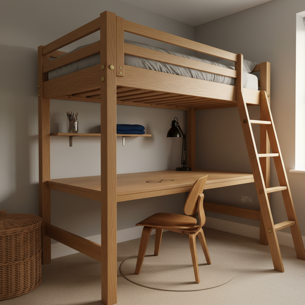 AI bunk bed design generator result: an oak high-sleeper loft bed with the slat deck visible from below, domed bolt heads through every post, a desk built into the space underneath on screwed cleats, a black anglepoise lamp clamped to the desk edge and an angled ladder screwed down through steel plates.