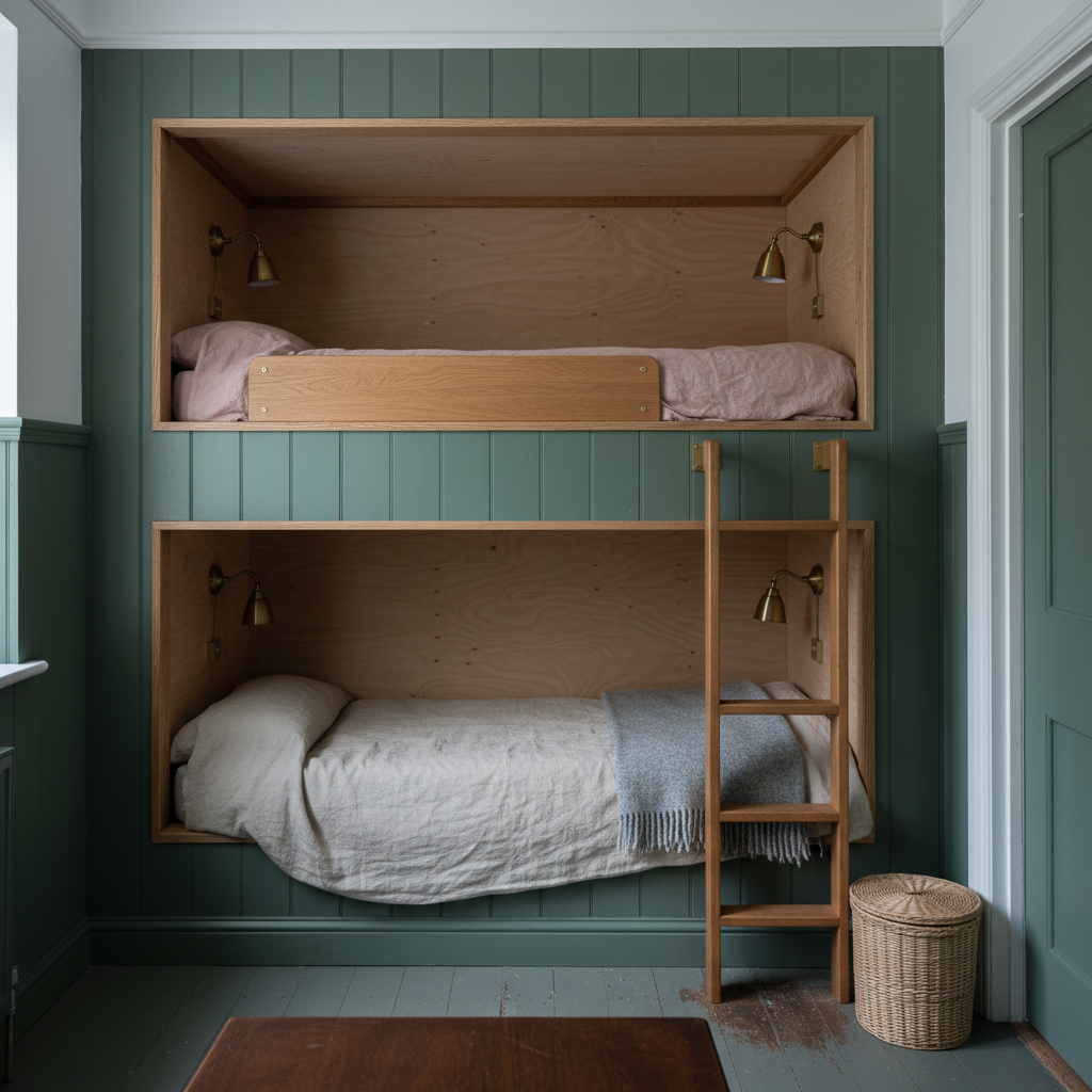 AI bunk bed design generator result: built-in cabin bunks cut as two rectangular openings through a sage green panelled wall, each lined in birch plywood returning into the recess, with a solid oak guard lip, brass swivel reading lights inside and a wall-fixed oak rung ladder.