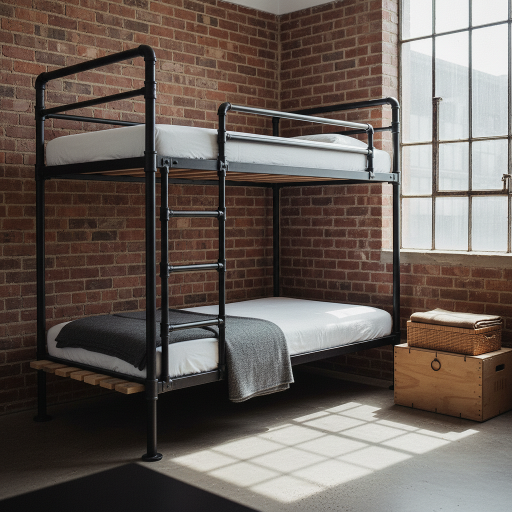 AI bunk bed design generator result: a black scaffold pipe bunk bed with cast key-clamp fittings and visible grub screws, scaffold board decks on welded cleats, a clamped pipe guard rail and pipe rung ladder, against exposed red brick with window bar shadows across the concrete floor.