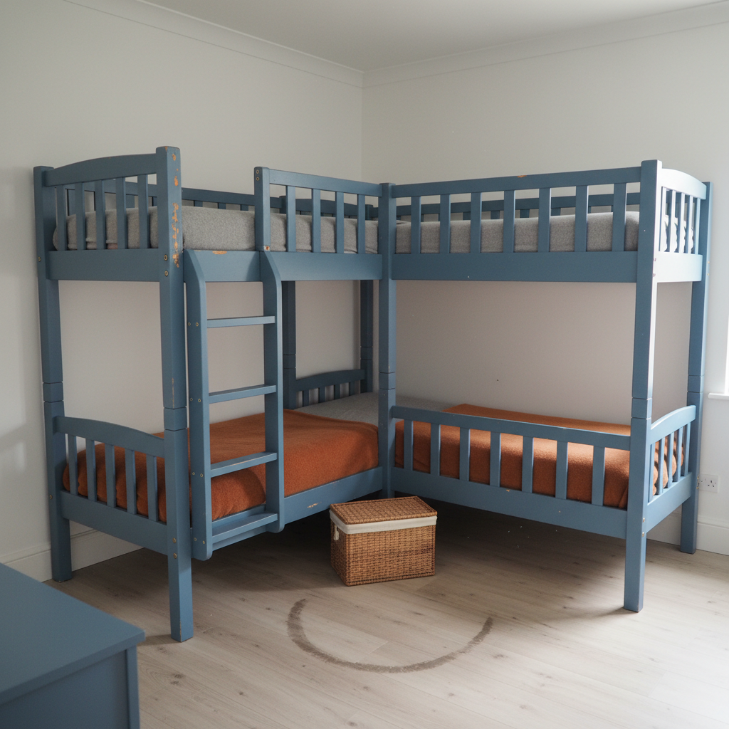 AI bunk bed design generator result: dusty blue corner bunk beds meeting at a right angle with spindle rails, a bolted ladder and paint chipped through to bare timber on the posts, a lidded wicker basket on the pale timber floor between them.