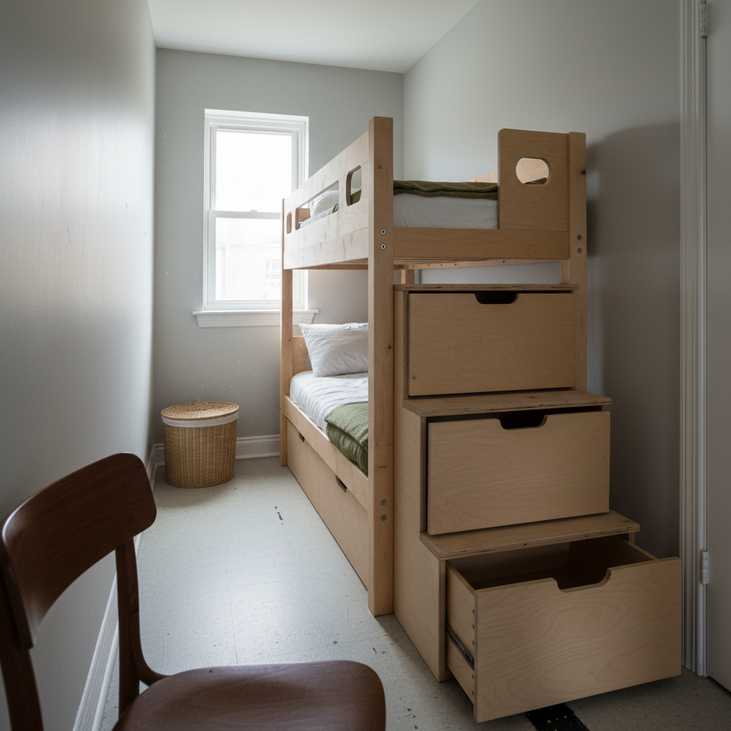 AI bunk bed design generator result: a birch plywood bunk bed in a narrow room with three boxed storage stairs, the bottom drawer pulled half open on its side runner, routed finger pulls, a plywood guard rail with an oval hand hole cut through it and drawers under the lower bed.