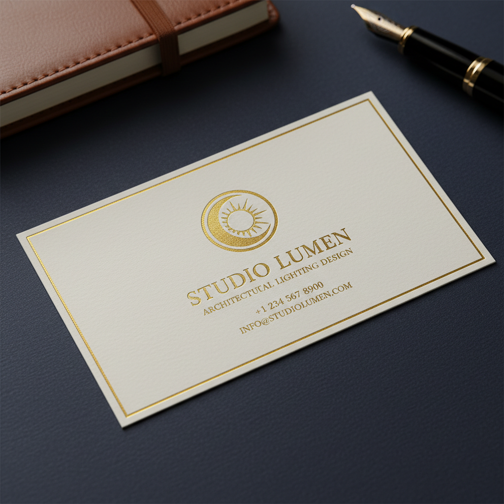 Luxury AI business card with embossed gold foil logo on deep navy background