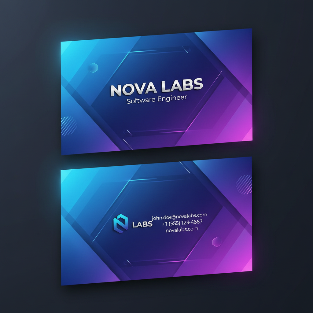 Modern tech startup AI business card with blue to purple gradient and geometric shapes