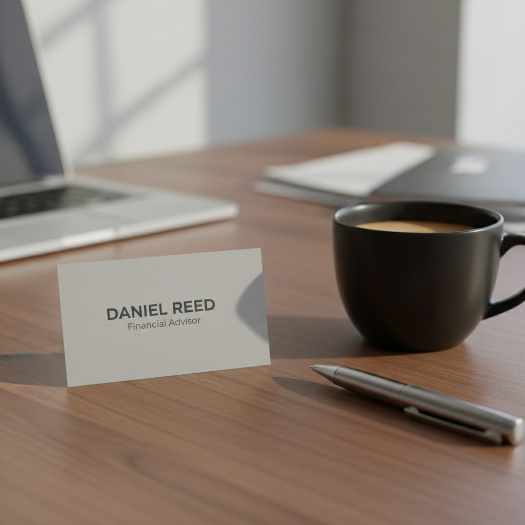 Professional corporate AI business card mockup on a wooden desk with coffee cup