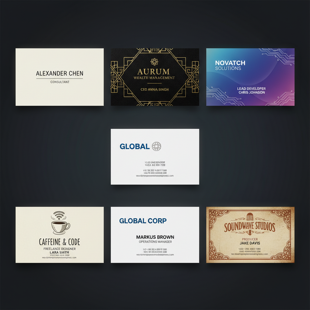 Grid of six AI-generated business card designs in different styles created with the business card generator