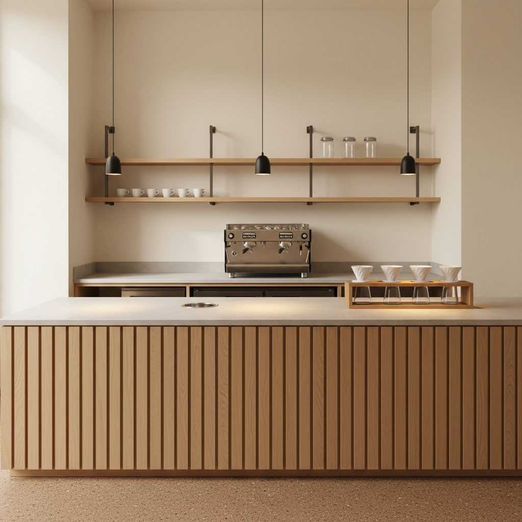 AI cafe interior design generator result: a twelve foot service counter with a pale oak slatted front and a honed grey stone top, a two group espresso machine on the back bar behind it, two open timber shelves on steel uprights carrying six white cups on the lower shelf and three glass jars on the upper, and warm terrazzo underfoot. Almost every count landed. Six cups, three jars, two shelves, two group heads, and a knock box genuinely set flush into the stone rather than sitting on it. Two things did not. Four pendant lamps were asked for in a straight line above the counter and three arrived, and a row of exactly three pour over drippers came back as four. The serious miss is not a count at all. The counter was described as three working zones with the espresso machine in the middle one and the knock box directly in front of it, and the model put the machine on the back bar six feet away, leaving the knock box marooned on the customer side of the counter with nothing to knock out into it.