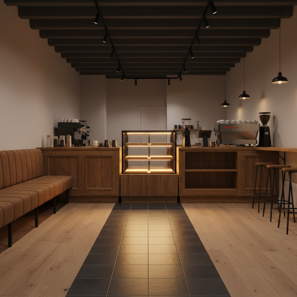 AI cafe interior design generator result: a coffee shop order area seen from the back of an empty queue, with a dark grey tile lane running down the middle of a pale oak floor from the door to the counter, a long ribbed banquette down the left side of the lane, a three tier glass pastry cabinet lit from inside at the far end, exposed dark ceiling joists and black track lighting. The queue is the best thing in the frame and it is the hardest instruction on the page. A change of floor material was asked for to mark the lane and the lane is unmistakable, four feet wide, running the full depth of the room, and the pastry cabinet is genuinely the brightest object in the shot and throws its own light onto the tile in front of it exactly as specified. The layout logic failed. One counter with an order point at the near end, a bare timber hand off shelf in the middle and a collection point at the far end was asked for, and what came back is two mirrored service stations with a machine on each side and the pastry cabinet parked dead centre, blocking the end of the lane the customer is walking down.