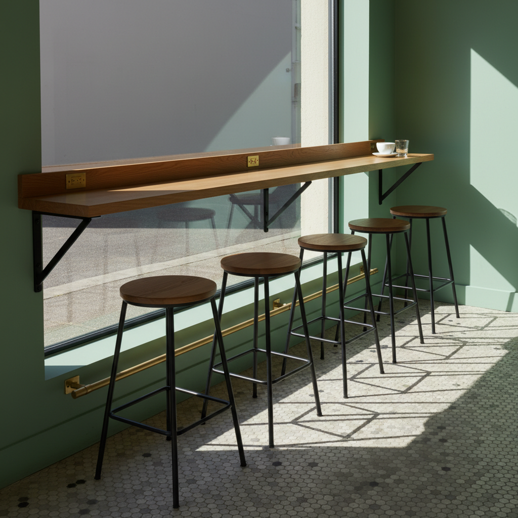 AI cafe interior design generator result: a solid oak window bench running the full length of a shopfront window at counter height, five black metal stools with round oak seats standing in front of it, a brass foot rail along the base, two brass sockets set into the face of the bench, one white cup on a saucer and one glass tumbler at the far end, mid green walls and charcoal and cream hexagonal tile. This is the best lighting result the series has produced. Low afternoon sun was specified through the glass with a long sharp shadow from every stool raking away from the window, and all five shadows are there on the tile, correctly angled, along with the shadows of the brackets on the wall beneath the bench. Five stools, two sockets, one cup and one tumbler all landed on the count. The stools were asked to be pushed under the bench and stand pulled clear of it. The real defect is structural: the brackets were specified as bolted through into the wall, and two of them are fixed flat against a single pane of shopfront glass with nothing behind them at all.