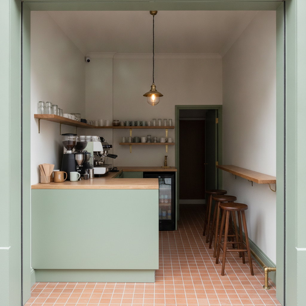 AI cafe interior design generator result: a small takeaway espresso bar in sage green joinery with an oak top, an L shaped counter hugging the left and back walls, a single group machine at the inside corner with the grinder touching it, two brass bracketed shelves of glassware on the back wall, an under counter drinks fridge, small terracotta floor tile and a slim standing shelf with a brass foot rail on the opposite wall. The equipment relationships are right for once. The grinder sits immediately left of the machine and touching it, which is the one adjacency that decides whether a single barista can work the bar, and the standing shelf with its foot rail is exactly the ten inch ledge that was asked for. The size is fiction. The whole unit was specified at no more than one hundred and eighty square feet with only thirty inches of clear floor inside the L and a three foot walkway, and the render came back as a tall, comfortable room with a corridor and a second doorway leading off it. Four timber stools also appeared under a shelf that was deliberately specified for standing.