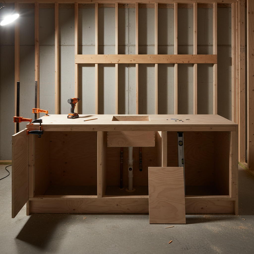 AI cafe interior design generator result: a cafe service counter part way through being built, shot square on against a wall of exposed timber studs, with a bare plywood base carcass divided into three bays by two vertical dividers, a raw plywood counter top with a rectangular sink hole cut out of it, the plywood offcut leaning against the base below the hole, copper and waste pipes stubbing up out of the floor inside the middle bay, two orange bar clamps on a side panel at the left end, a cordless drill and a pencil and loose screws on the top, a spirit level in the right hand bay and sawdust on a bare concrete slab. This is the most accurate construction frame the series has generated. Three bays, two dividers, two clamps, a horizontal blocking piece screwed across the studs at shelf height, the sink cut out with its own offcut leaning underneath it, and the services coming up inside the bay they belong in. One thing is missing and it is the same thing that goes missing on every page: the pocket screws that were asked for where the dividers meet the base are nowhere, so the carcass reads as if it holds itself together.