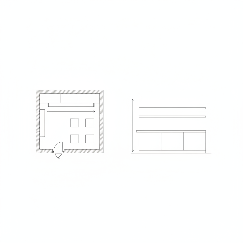 AI cafe interior design generator result: a flat black line drawing with a cafe plan on the left and a straight on elevation of the counter wall on the right, showing hatched walls on all four sides, an entrance door with a quarter circle swing arc, a counter along the top wall split into three equal zones, a thin window bench down the left wall, four small squares for tables, and an elevation with a toe kick, three equal bays and two shelf lines. The sheet is clean, completely free of lettering, and all four walls came back hatched, which is an improvement on earlier pages in this series where only two were. The counts are right: three counter zones, four tables, three bays and two shelves. Both dimension lines repeat the exact failure the mudroom page found. The horizontal one was asked for across the gap between the counter front and the nearest tables to give the queuing space and is drawn wall to wall measuring the internal width of the room instead. The vertical one was asked for from the floor line to the counter top and runs all the way up to the top shelf. Both have proper arrow heads at both ends and both point at the wrong quantity.