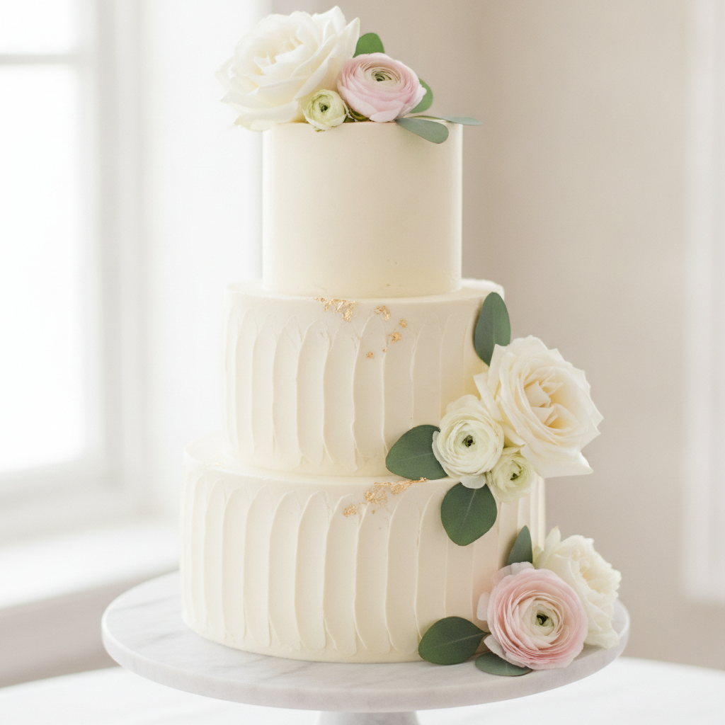 AI cake design generator result: a three tier wedding cake in ivory buttercream with a palette-knife texture, white garden roses, blush ranunculus and eucalyptus cascading from the top tier, and gold leaf accents on the middle tier