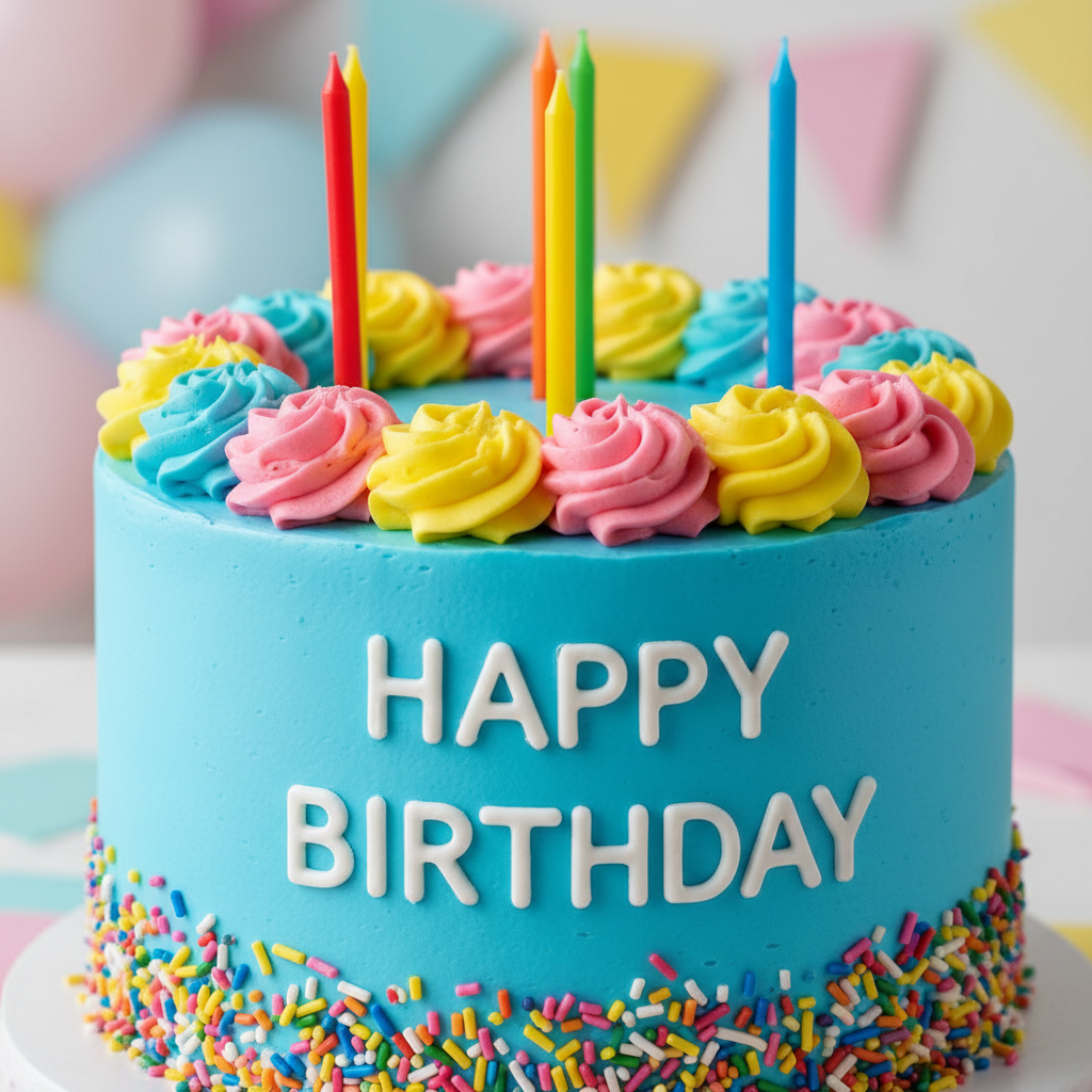 Kids birthday cake designed with AI: a round two layer cake in sky blue buttercream with rainbow sprinkles around the base, pink and yellow buttercream rosettes on top, five candles and a piped happy birthday message