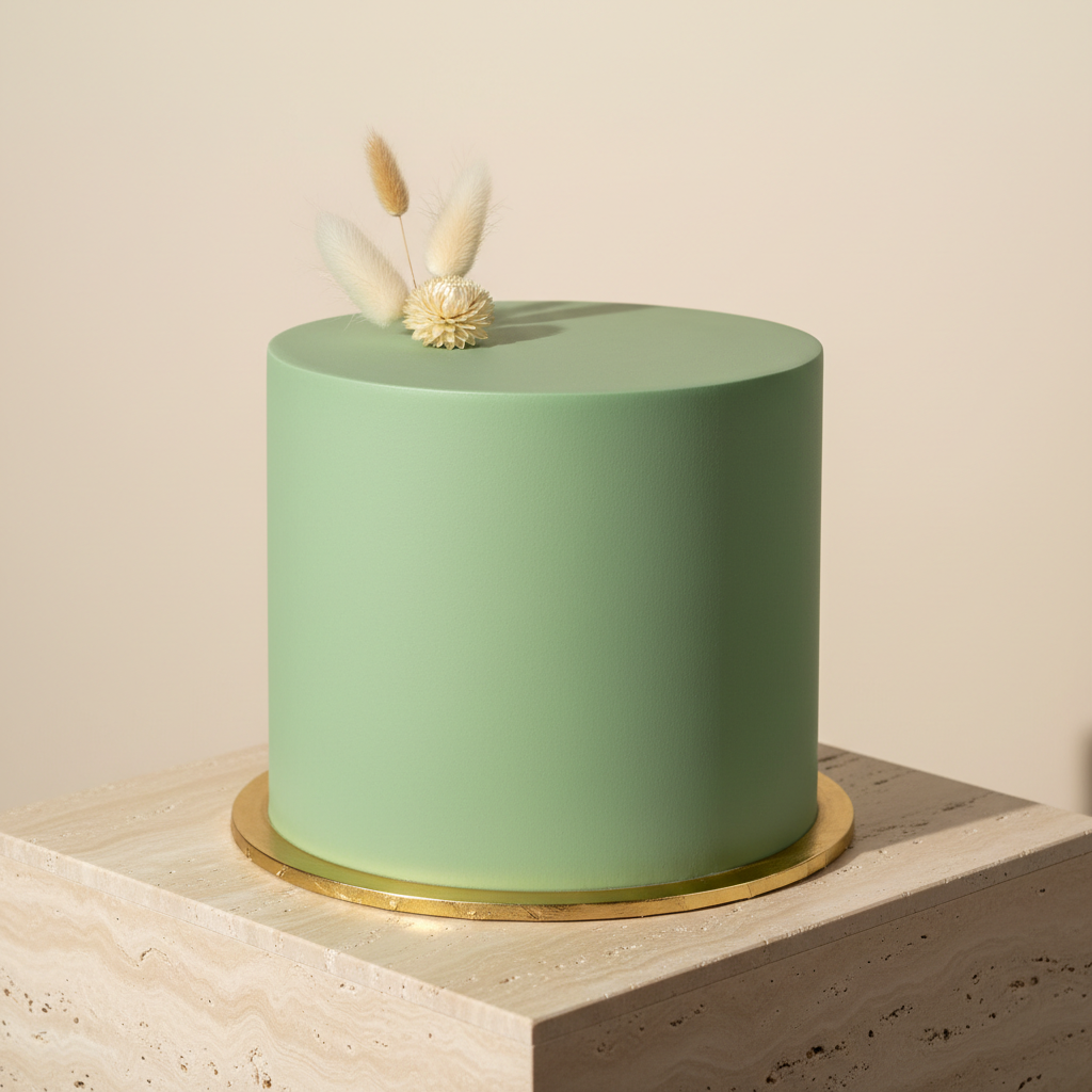 Modern minimalist cake from the AI cake design generator: a single tier cake in smooth matte sage green ganache with crisp edges, a thin gold band at the base and a small cluster of dried bunny tail stems placed off-centre, on a travertine plinth