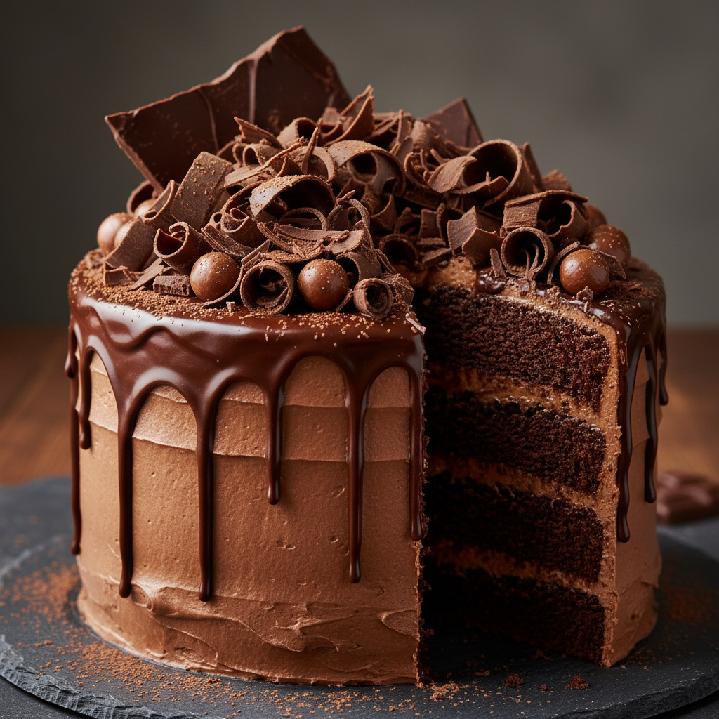 Chocolate drip cake generated by AI: dark ganache dripping over glossy chocolate buttercream, topped with chocolate curls and malt balls, with one slice cut away to reveal four dark sponge layers
