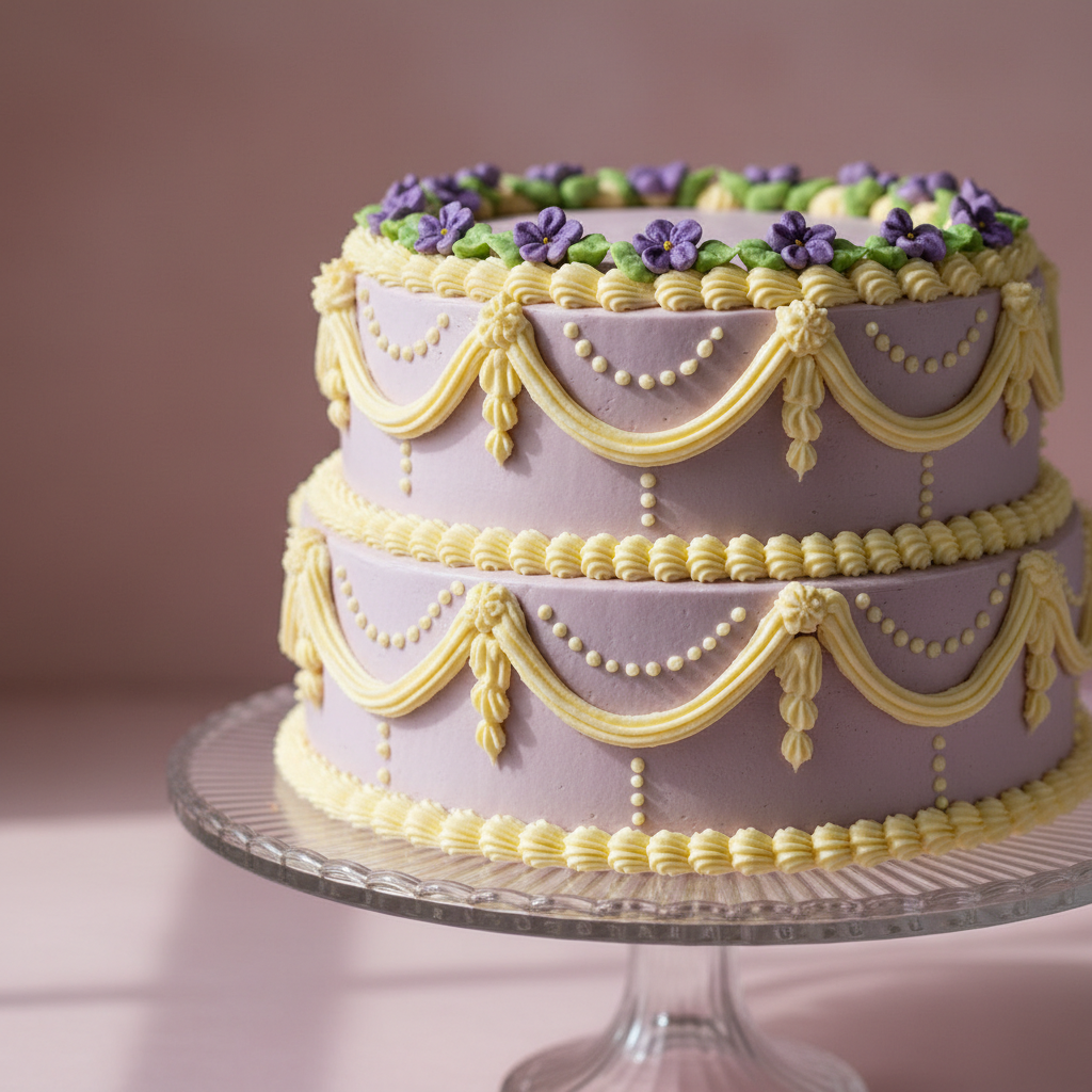Vintage piped buttercream cake created by the AI cake design generator: a pale lilac cake with Lambeth style scalloped ruffles, pearl dots, looped garlands in cream and butter yellow and small piped violets, on a fluted glass stand