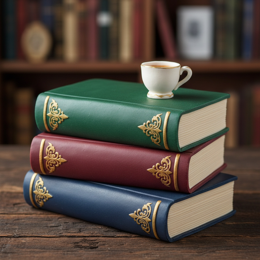 Novelty sculpted cake designed with AI: a stack of three vintage books in deep green, burgundy and navy fondant with realistic page edges, gold corner and band detailing on the covers, and a sugar teacup resting on top
