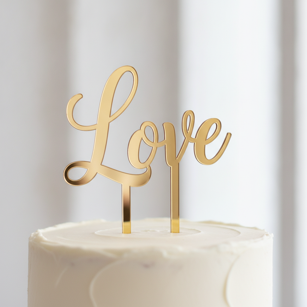 AI cake topper generator result: a mirror gold acrylic topper reading Love in a flowing connected script, standing in the top of a small white buttercream cake. This is the frame that shows the rule the whole category is built on. The o, the v and the e run into one another as a single unbroken ribbon, and the L reaches across with its bottom flourish to meet them, so the finished word lifts out of the sheet in one movement. Look hard at exactly where that flourish meets the rest of the word, because that hairline is the thinnest point in the piece and everything to the right of it hangs off it. Two other things are worth noticing: the spikes came back in mirror gold rather than the clear acrylic that was asked for, and the final e sits out past the right hand spike with nothing underneath it