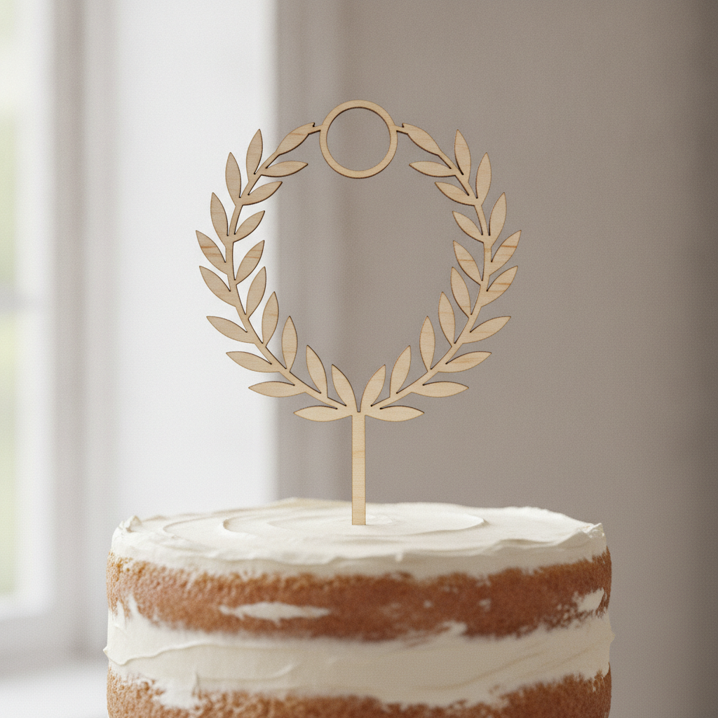 A laser-cut birch plywood laurel wreath standing in a rustic semi-naked cake with the sponge layers showing through a thin scrape of buttercream. The connectivity is genuinely right: both branches run up into the small ring at the top and back down into the stem, so the whole thing is one closed piece with no floating leaves. The two things it did not do are the more useful ones. The prompt asked for the faintly toasted brown cut edge a real laser leaves behind, and the edges came back clean and pale as though the shape had been punched rather than burned. And it asked for two legs and delivered one. A single central stake under a topper this wide is precisely what leans the moment somebody carries the cake across a room
