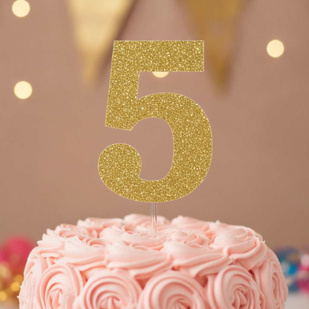 A single large numeral 5 in thick double-sided gold glitter card on a slim clear acrylic stick, standing in a small birthday cake covered in pale pink buttercream rosettes. One digit alone is comfortably inside what this model renders correctly, which is why an age topper is the safest personalised thing on this page and why it is worth steering customers toward numbers rather than names. The glitter card is doing what glitter card does, catching light in fine flecks and reading as far more expensive than it costs, and it is also the one material here that sheds onto the icing if the cut edge is left unsealed