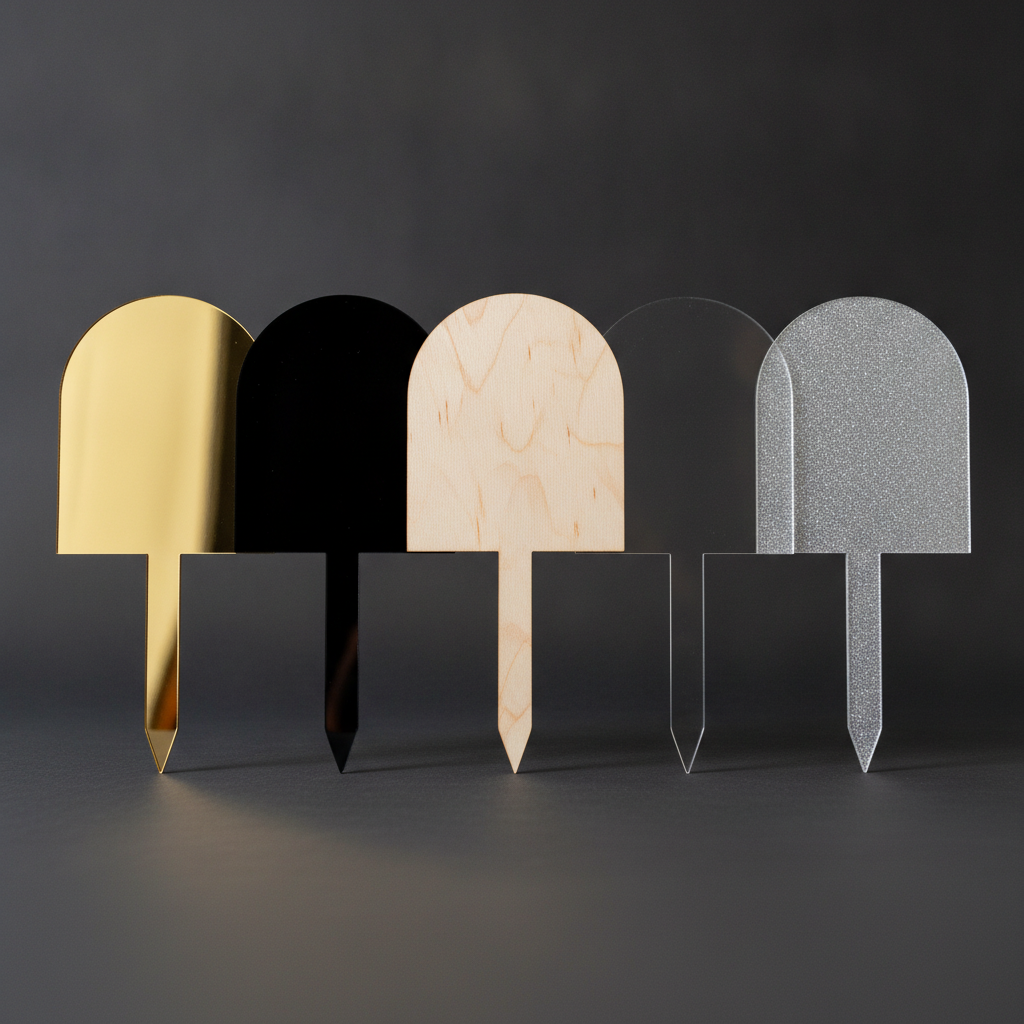 Five toppers of the same arch silhouette standing in a row on charcoal, cut in five materials so that finish is the only thing changing: mirror gold acrylic, black acrylic, natural birch plywood, clear acrylic and silver glitter card. Shot low and from the front, because a finish is a surface property and a surface is invisible from overhead. Two findings sit in one frame. The count is exactly right, five toppers and five different materials in the order asked for, which comparison renders very often get wrong. But the black one was specified as matte and came back glossy enough to reflect the floor, and all five carry a single spike where the prompt asked for two. The clear acrylic is the one to study before you spend money: against this dark ground it is barely there at all, and against a pale buttercream cake it will do exactly the same thing