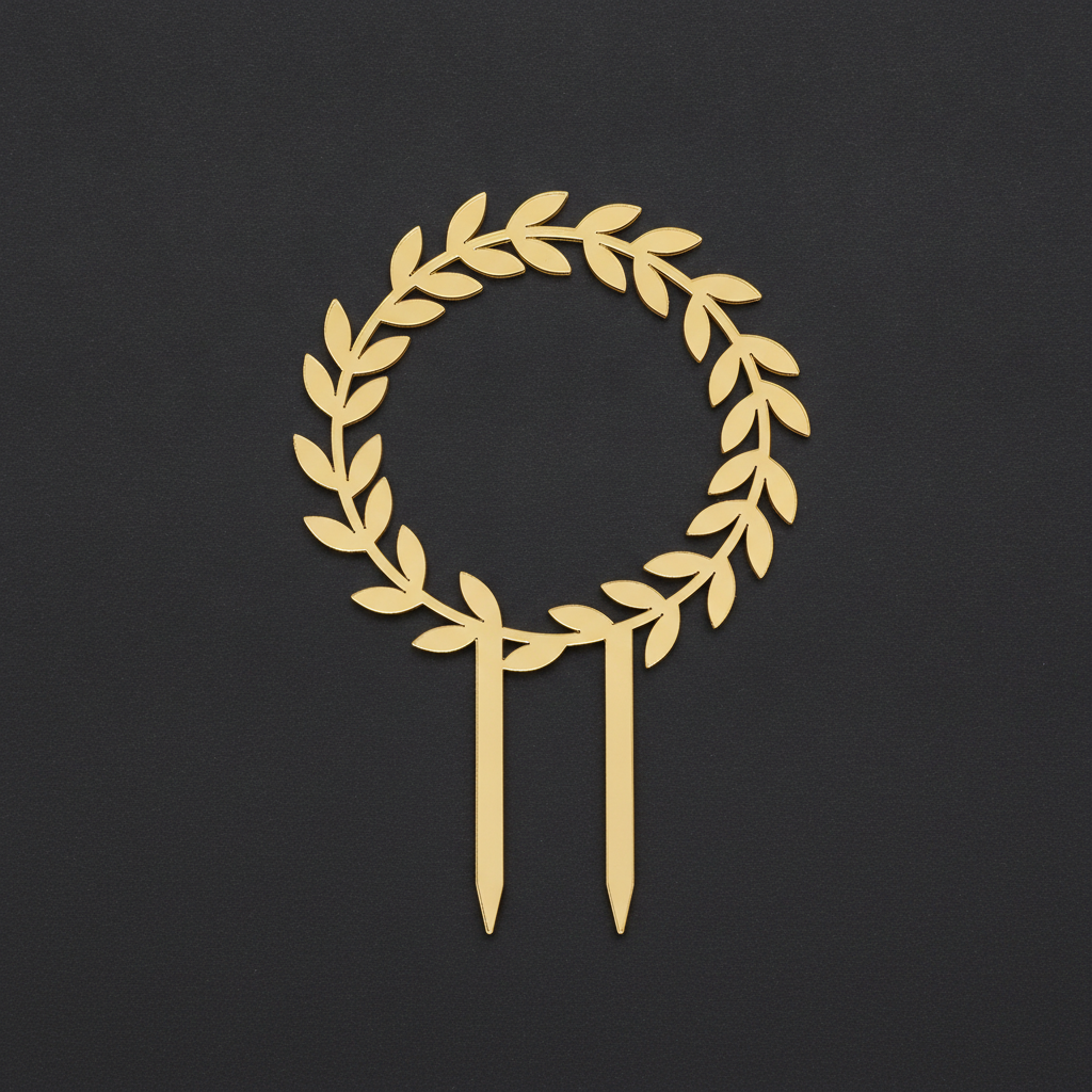 The flat cut shape, and the most practically useful frame on the page: one gold acrylic wreath lying alone on dark charcoal, shot from directly overhead, with no cake, no stand and nothing else in the picture. This is the frame that got the spikes right, two of them, tapered and cut as part of the same piece rather than glued on. The laurel is open at the top and joined at the bottom, so it is still a single connected piece. The gold reads as brushed satin rather than the mirror finish that was asked for, which is the third named finish on this page to be quietly substituted. And it is still a photograph: a laser follows a vector path and there is no path anywhere in a picture, so what you have here is the design approved, not the file cut