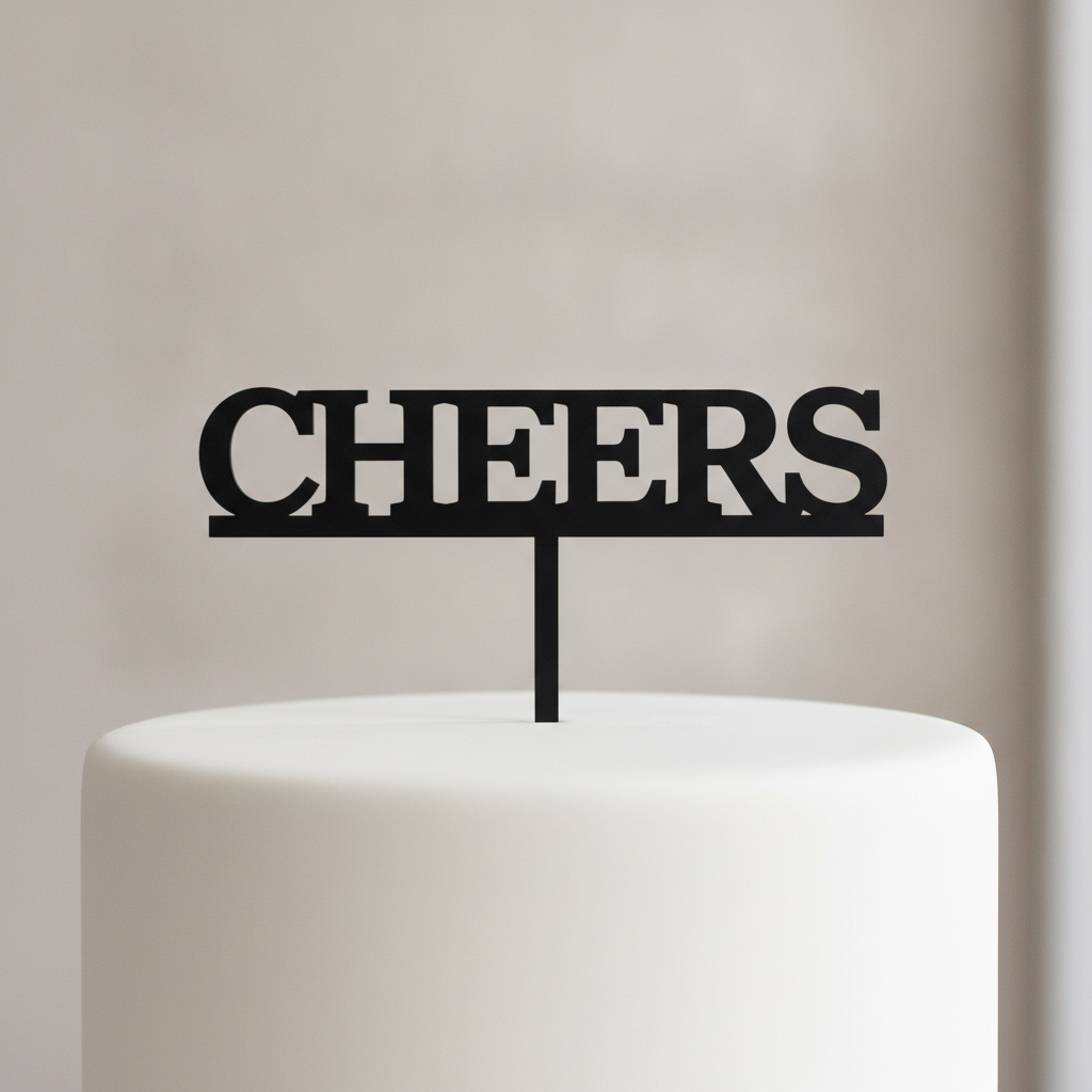A matte black acrylic topper reading CHEERS in bold capitals, joined along the bottom by one thin continuous bar, standing in a smooth white fondant cake. This is the other half of the connectivity answer and the reason the page carries two lettered frames. Capitals in a plain typeface do not touch each other, so they cannot be cut as a word on their own; the baseline bar turns six separate letters into one piece and gives the spike something solid to hang from. Six letters, spelled correctly, first attempt. The typeface is not what was asked for though, since the prompt said sans-serif and this is a slab serif with heavy bracketed feet, and once again a pair of spikes was requested and one arrived