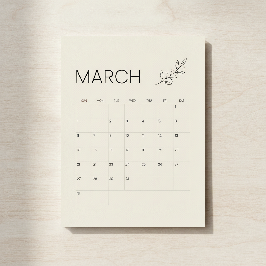 AI calendar design generator result: a minimalist wall calendar page in thin black type on warm off-white paper, a line-art botanical sprig beside the word MARCH and a quiet grid below. The heading and the SUN to SAT column labels came out clean; the numerals inside the grid repeat and run a row too long, which is why the grid is placeholder and the layout is the deliverable