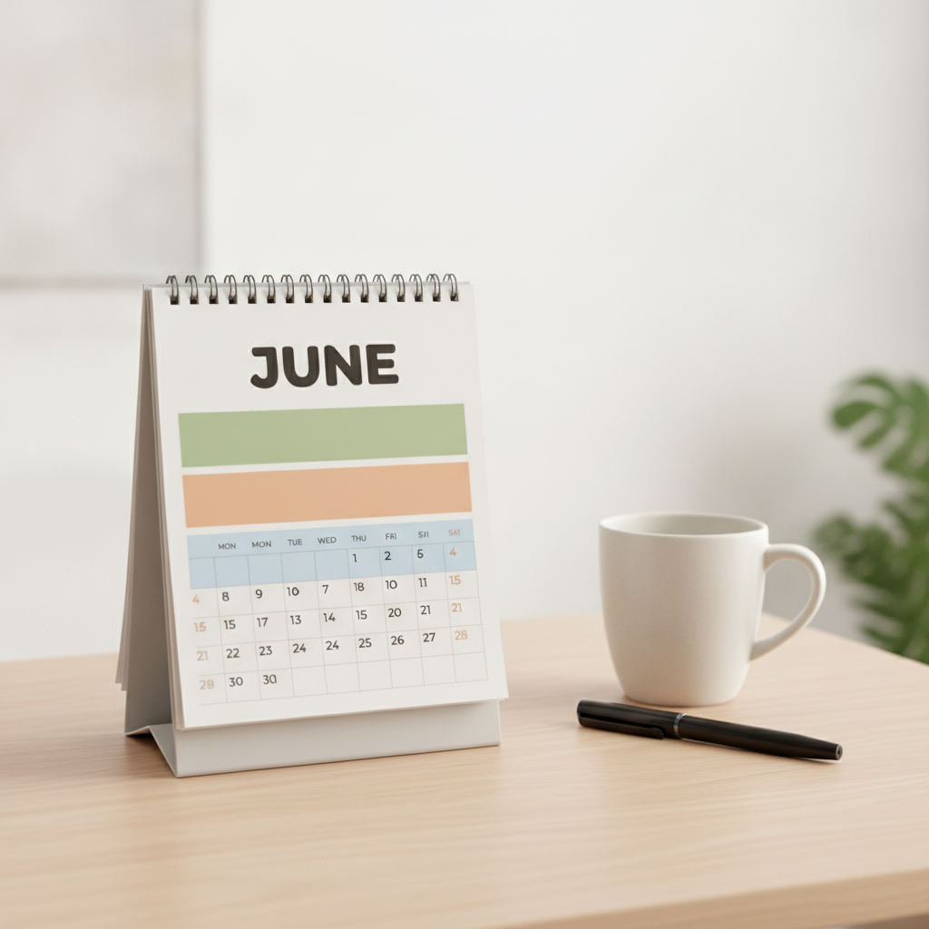 A standing desk calendar on light wood, its page built from sage, apricot and sky blue colour blocks under bold rounded JUNE lettering. The weekday row reads MON twice — a small error to fix in five seconds in a layout tool, and an impossible one to fix inside a rendered image