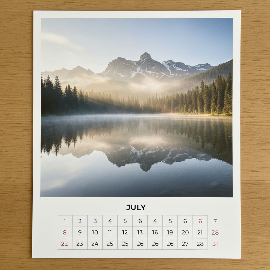 A photo calendar page: a still alpine lake at dawn filling the upper two thirds and a clean white panel carrying JULY and the dates below. The split layout is the point — numerals on plain white rather than fighting a busy photograph — while the grid itself came back eleven columns wide instead of seven