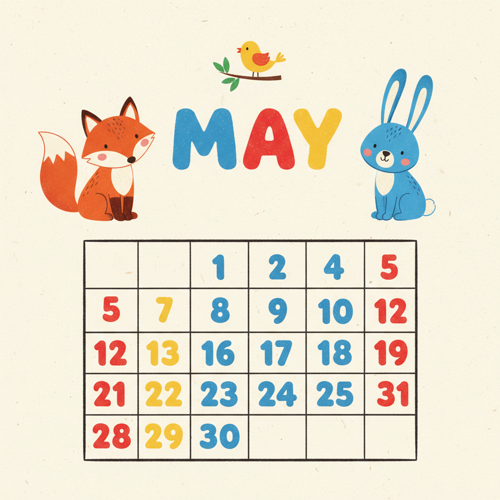 A children's calendar page in bright flat vector style on cream paper: hand-lettered MAY between a cartoon fox, rabbit and bird, over oversized date numerals in roomy cells. The lettering and illustration are usable as they stand; the grid skips numbers and is six columns wide