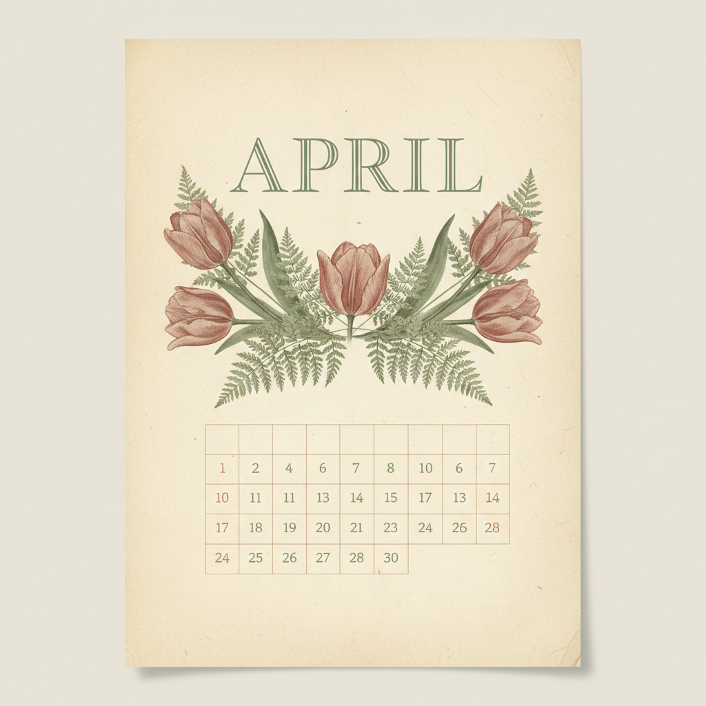 A vintage botanical calendar page on aged cream paper: APRIL in classic serif capitals over ink-and-watercolour tulips and ferns, with a small serif date grid in sage, dusty rose and sepia beneath. The artwork and palette transfer directly to print; the grid arrived nine columns wide