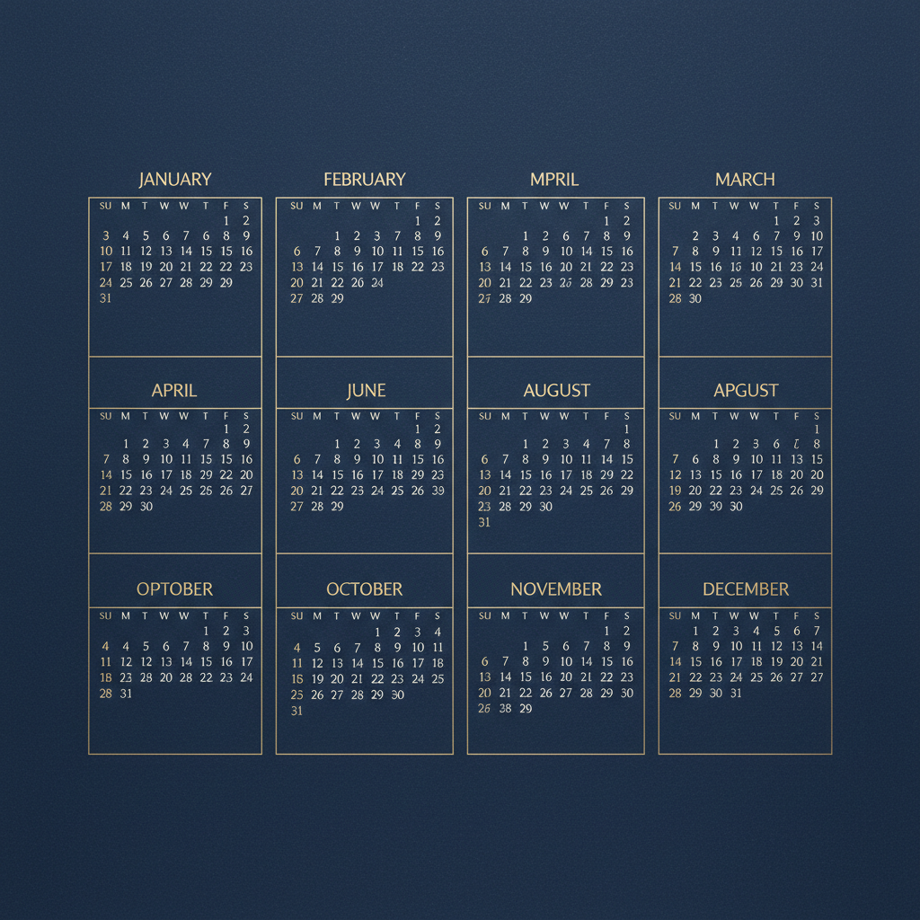 A year-at-a-glance poster: twelve month blocks in fine gold type on deep navy. It is the clearest argument on this page for typesetting dates yourself — the layout, palette and typographic weight are excellent, while three month headings are misspelled, three months appear twice and three are missing altogether