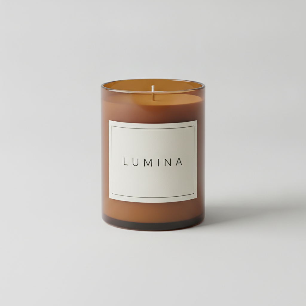 AI candle label generator result: an amber glass jar on a pale grey studio backdrop wearing a cream label with a thin hairline frame and LUMINA in widely spaced sans-serif capitals. The spelling is clean, the label sits exactly where it should — centred on the straight body, below the wax fill line, well clear of the rim and the base — and that placement is not a detail, because the jar wall above the wax runs much hotter during a burn and is where labels scorch and lift. Two things are not what was asked. The prompt specified a wrap-around landscape label and what arrived is a near-square front panel whose left and right edges are dead straight parallel lines with no foreshortening, so it reads as a flat sticker composited onto a cylinder rather than paper wrapped round one. The cream wax also came back the same caramel tone as the amber glass, which is what happens when you ask a model for a colour that has to be read through a tinted vessel. And note what a finished-looking retail candle is missing here: no net weight, no fire-safety warning, no manufacturer line