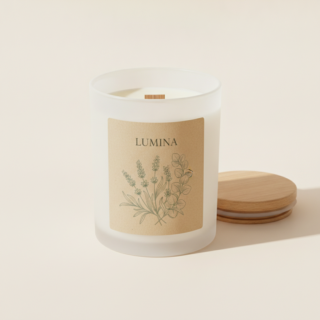 A frosted white glass jar with a wooden lid resting beside it, carrying a kraft-toned portrait label: a fine hand-drawn botanical of lavender stems, eucalyptus and seed heads in sage-green ink, with LUMINA above it in a serif. The illustration is the strongest artwork on this page and genuinely reads as line work rather than a filter, the flat wooden wick is correct for the style, and the label again sits below the fill line. Three problems. The label is once more a flat panel, its side edges running straight off the curve of the jar with no shading. The lid has a phantom second white disc underneath it that no real lid has, which is the sort of construction error this model makes constantly. And there is a small unexplained gold speck on the eucalyptus stem at the right edge — trivial on screen, a visible defect at print size. The kraft stock is a real decision rather than a look: uncoated paper drinks fragrance oil and discolours in weeks