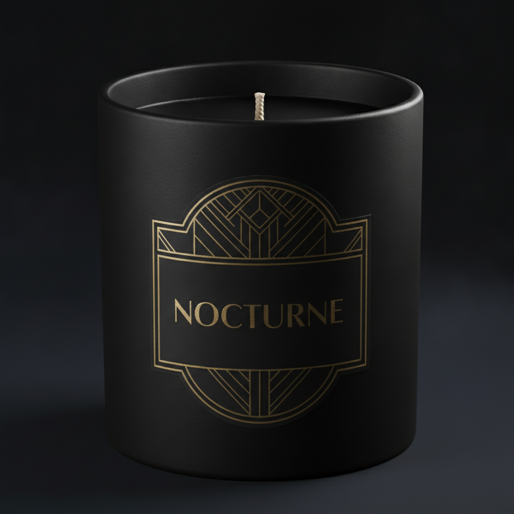 A matte black ceramic vessel shot close on a dark background with an art deco gold crest and NOCTURNE in fine gold capitals, correctly spelled. As luxury home-fragrance packaging it is the most convincing frame here, and the crest bends slightly with the curve of the vessel instead of sitting flat on it. The interesting failure is that it is ambiguous about what it even is: a faint glossy rectangle is visible around the top of the crest, so the artwork is part clear-film label and part direct print onto the ceramic, and those are two different production routes with different tooling and very different unit costs. The shaped die that was asked for is drawn rather than cut — the outline is artwork on a rectangular substrate. The gold holds one flat tone across the whole curve, where real hot foil flares as the vessel turns. The cotton wick is also long and untrimmed with no visible sustainer tab