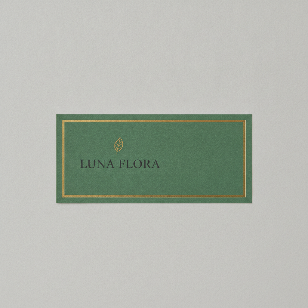 The flat label layout, and the most instructive frame on the page. A green field with a gold rule frame, a small gold leaf emblem and LUNA FLORA in dark serif capitals, shot flat with no jar. It looks like a print file and it is not one. There is no bleed — the artwork stops dead on the cut line, so a die cutting there with its normal drift would shave green off one edge and leave a pale sliver on the other. There is no die line drawn as a separate layer and no crop or registration marks. The corners came back square rather than the rounded radius that was specified. The model did honour one instruction well: the lockup sits left and the right third is left as clear unprinted space. The gold rule is a stippled printed gradient rather than foil. Its proportions, about two and a half to one, are only a guess at your jar — a full wrap is the circumference of the glass, so measure the vessel you have actually sourced