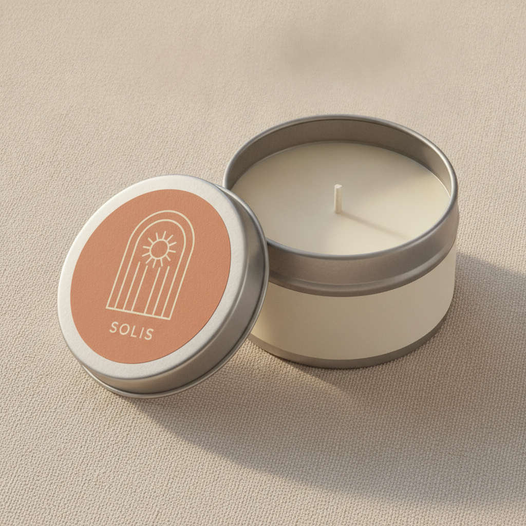 A silver travel tin sitting open on oat linen, its lid face up beside it carrying a circular terracotta label with an arch and sun motif in cream and SOLIS in small spaced capitals. The circle is a real die shape a converter can cut, the artwork is genuinely printable, and the tin deliberately wears a blank cream band around its side — which is exactly the panel the net weight and the fire-safety block would occupy, left empty on purpose. What the render cannot tell you is that a metal tin is the hardest surface in this set to label: the lid and the walls get hot enough during a burn to soften ordinary adhesives, so a paper label on a tin lifts at the edges unless the stock and glue are specified for it. The wick is wrong too — a blunt pale peg with no braid and no sustainer tab — and the tin throws a hard-edged shadow that does not match the soft daylight elsewhere in the frame