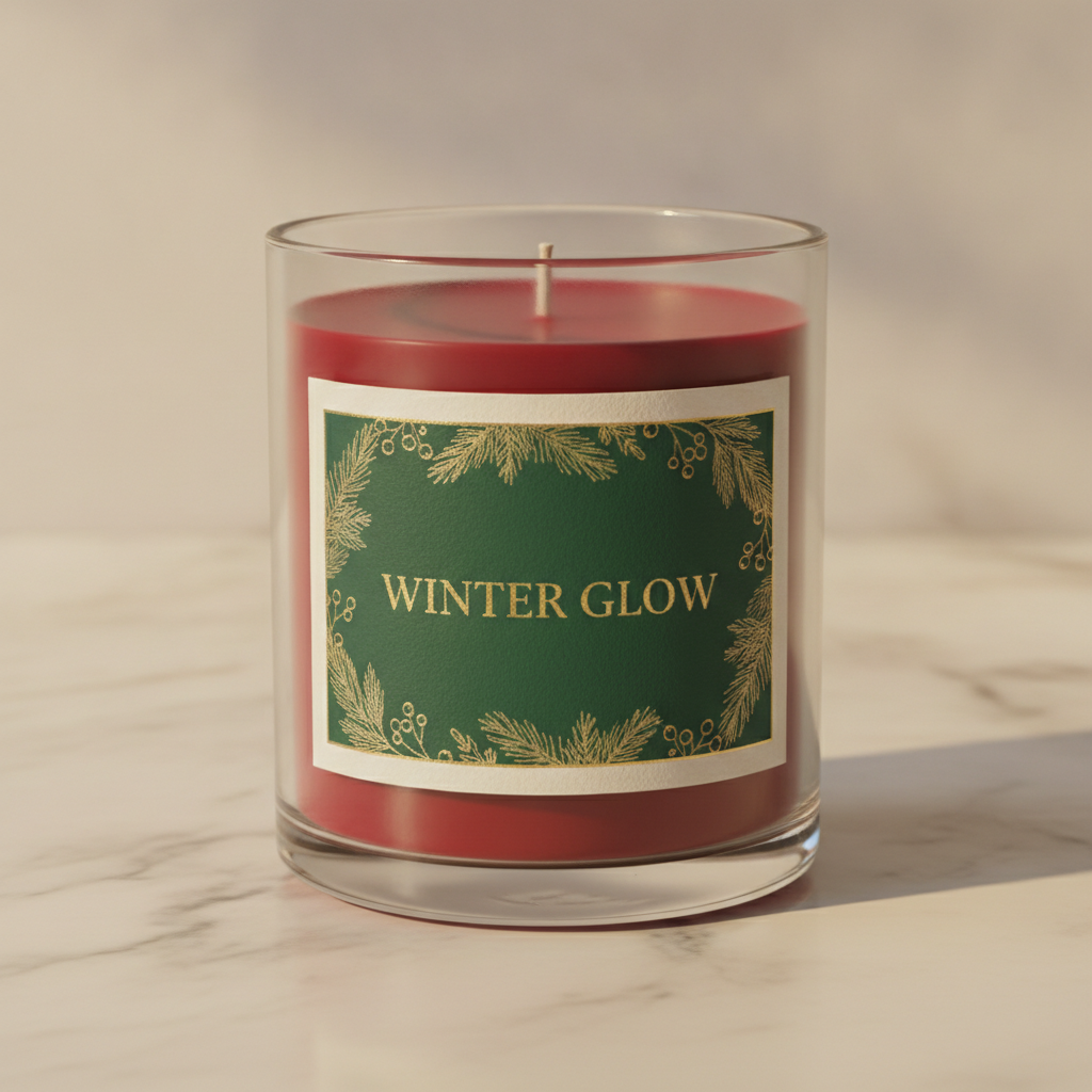 A clear glass jar of deep red wax on marble in warm low light, wearing a landscape wrap label: a forest green field inside a cream margin, a fine gold border of pine sprigs and berries, and WINTER GLOW in gold serif capitals across the centre, correctly spelled. The seasonal artwork is good and the label sits properly below the fill line. It still does not wrap — the side edges are straight verticals and the gold border shows almost no compression toward them, where paper on a real cylinder foreshortens sharply at the sides. The wax carries a phantom circular seam near the surface, the wick is another blunt tab-less stub, and the shadow is harder than the light behind it justifies. Clear glass is the real specification hiding here: it makes the dyed wax part of the design, and dye is the component that fades in daylight and can stain the glass