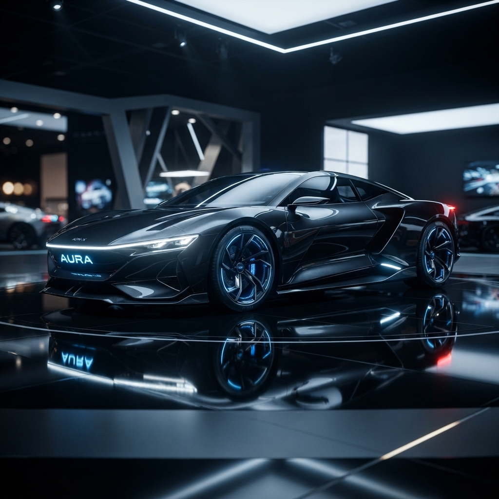 AI car generator result showing a futuristic electric concept car with glowing LED accents and glossy paint in a dramatic showroom
