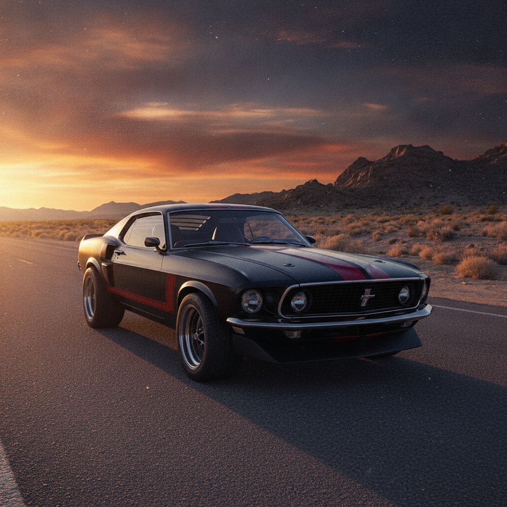 AI car generator result showing a matte black American muscle car with racing stripes on a desert highway at sunset