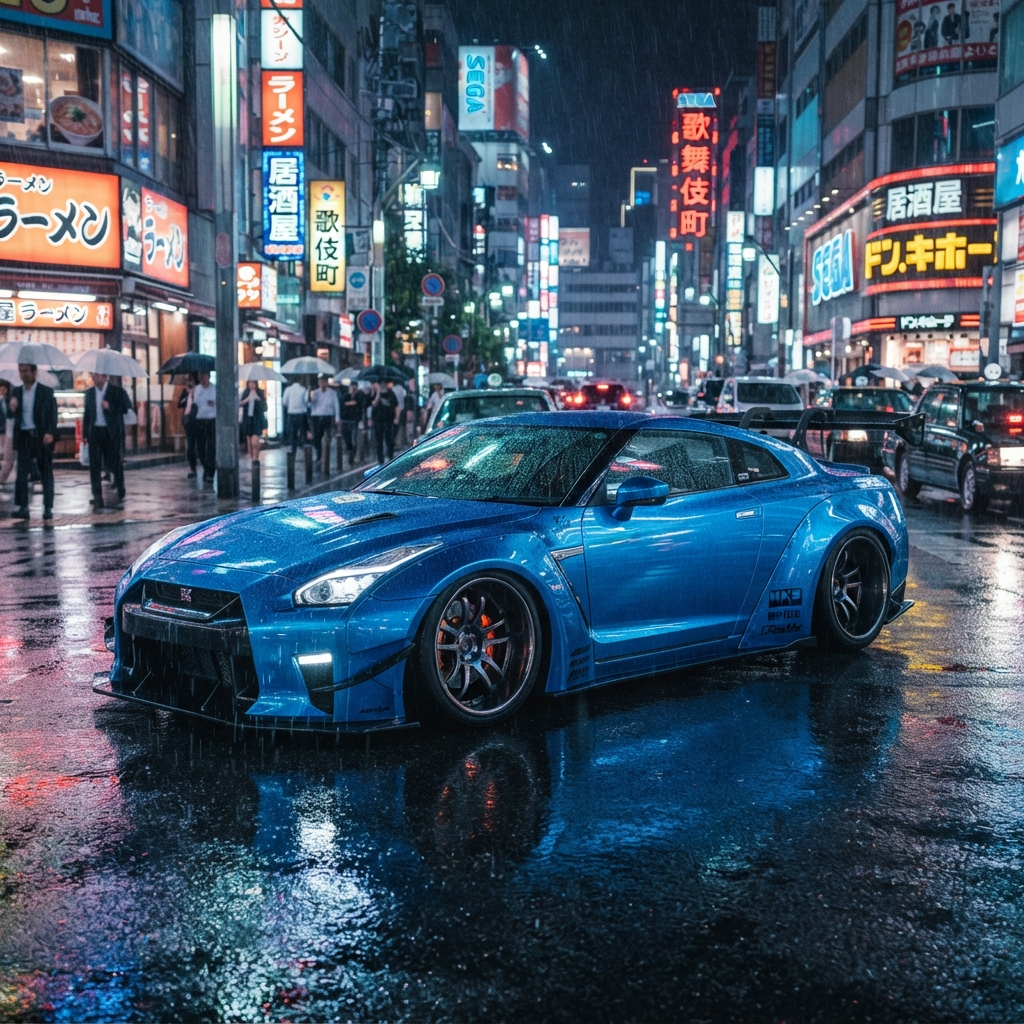 AI car generator result showing a candy blue JDM tuner car with a large rear wing on a neon-lit Tokyo street at night