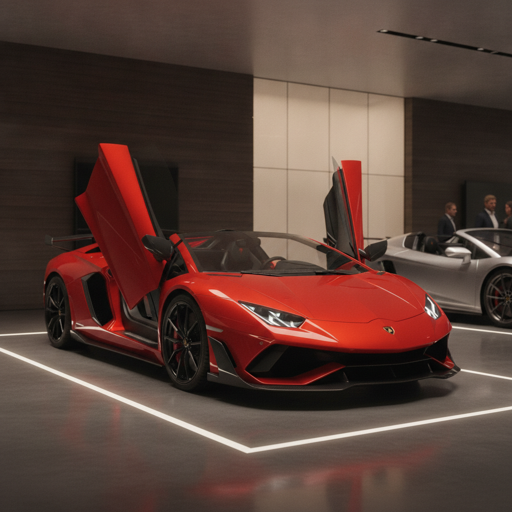 AI car generator result showing a red luxury supercar with scissor doors open in an upscale showroom