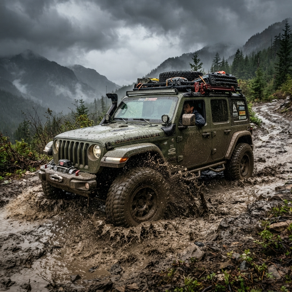 AI car generator result showing a rugged olive green off-road SUV splashing through a muddy mountain trail