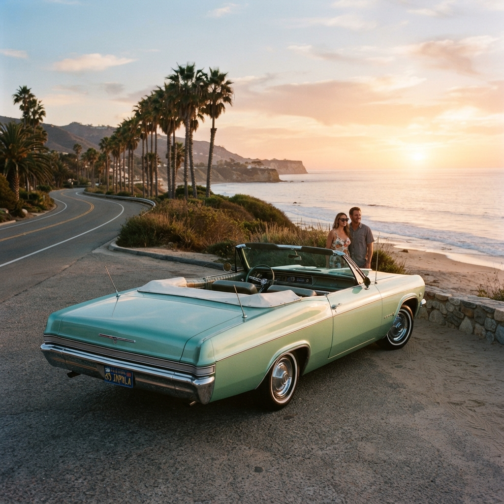 AI car generator result showing a classic 1960s mint green convertible with chrome details by a palm-lined coastal road