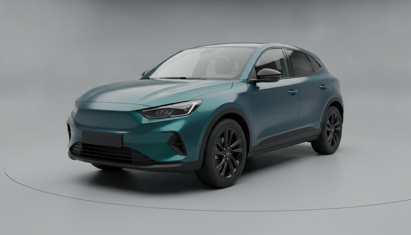 AI car wrap design generator result: a compact SUV in a studio wearing a full satin deep teal colour change vinyl wrap, with the trim, glass and wheels left untouched