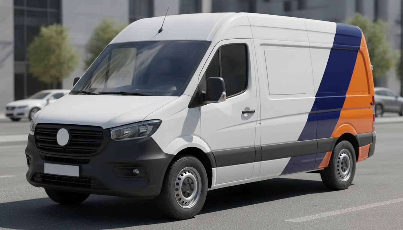 Commercial fleet livery from the AI car wrap design generator: a white panel van on a city street with navy and orange diagonal colour blocking sweeping across the rear quarter and a large blank white panel left clear on the side for the company logo