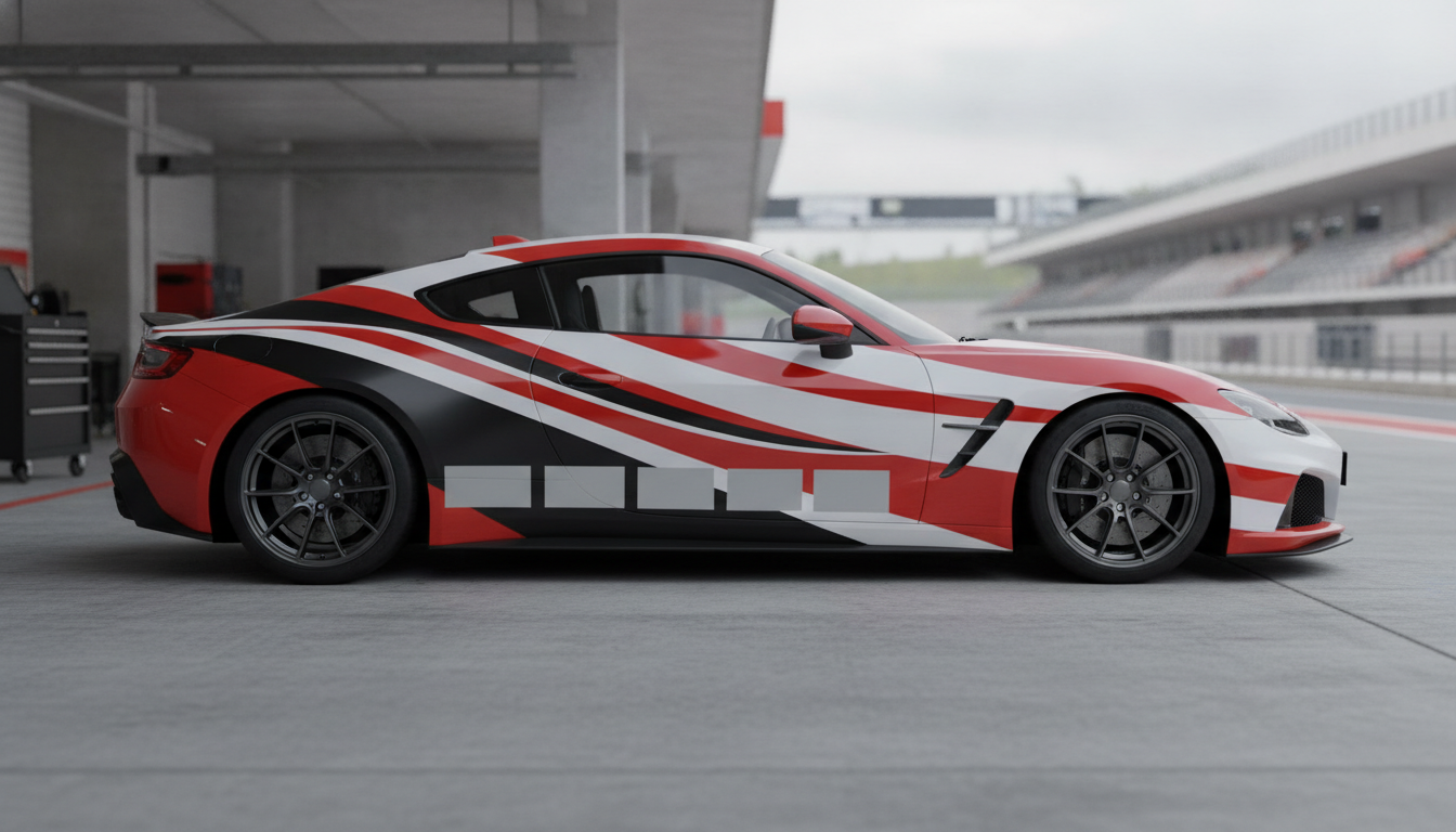 Racing livery car wrap design: a sports coupe in a pit lane wearing sweeping red, white and black motorsport stripes with blank sponsor blocks along the lower door