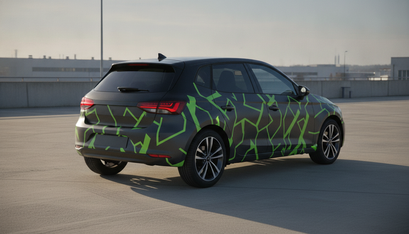 Geometric camo vehicle wrap generated by AI: a compact hatchback wearing an angular charcoal and lime green camouflage pattern across the doors and rear quarter, with the roof and bonnet left plain