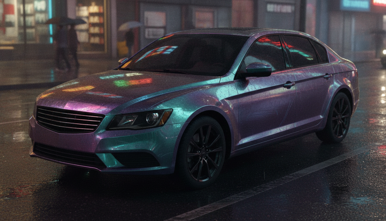 Chrome car wrap design from the AI car wrap design generator: a sedan on a wet night street in an iridescent colour shifting vinyl wrap that flips between violet and teal under neon reflections